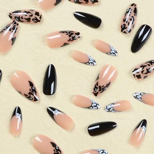 24 Pcs Halloween Press on Nails Medium Almond - MINGCHUN Black Matte Fake Nails Press ons Nail Art Tips Ghost Design Full Cover Acrylic False Nails on Nail on Nails for Women and Girl