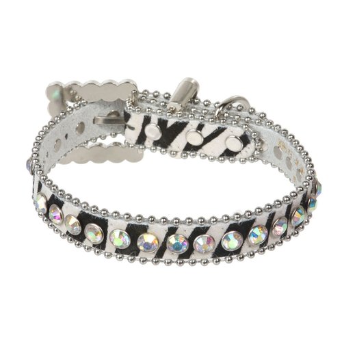 3/4" (20 mm) W Faux Zebra/Leopard Fur Rhinestone Dog Collar Size: M: 11"-13" Neck Color: White Zebra