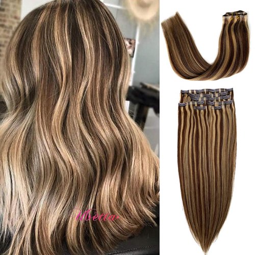 Clip in Hair Extensions-Chocolate Brown to Blonde Highlights Human Hair Extensions Skin Weft Remy Straight Seamless Clip in Real Hair Extensions Seamless Weft Clip in Real Extensions for Women