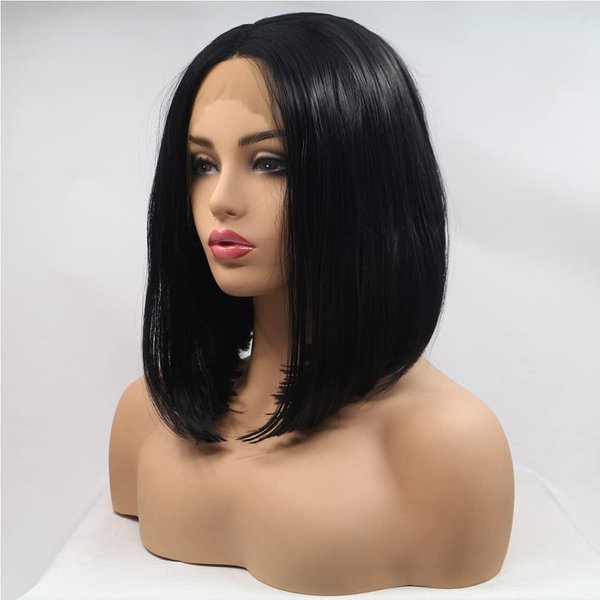Melody 1B Black Bob Lace Wigs Short Straight Black Synthetic Lace Front Wigs For Women Natural Bob Hairstyle Heat Resistant Fiber Hair 14 Inch …