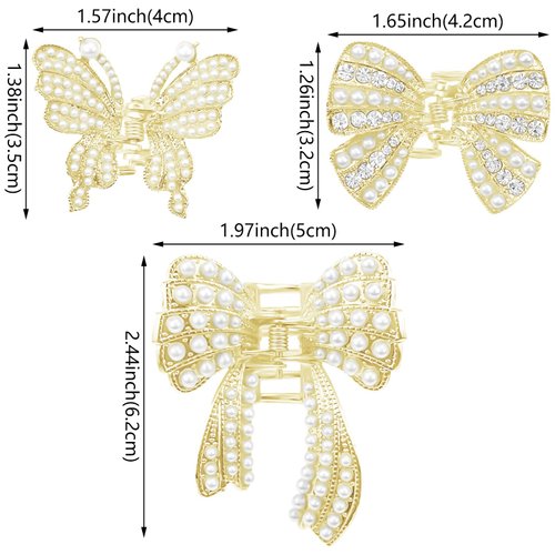 6 Pcs Gold Pearl Hair Claw Clips Butterfly Bowknot Hair Claws Small Rhinestone Fancy Hair Clips Metal Sparkling Hair Clamps Hair Styling Accessories for Women Girls