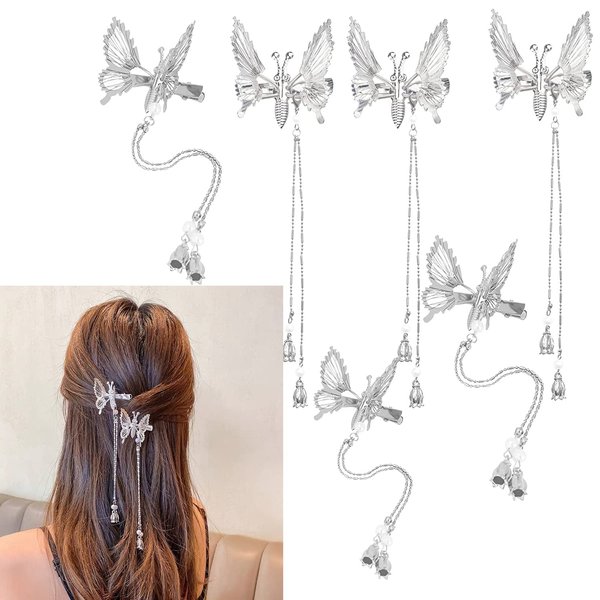 Flymind 6Pcs Moving Butterfly Tassel Hair Clips, Elegant Antique Side Hairpins Decorative Accessories for Women Girls (Silver)