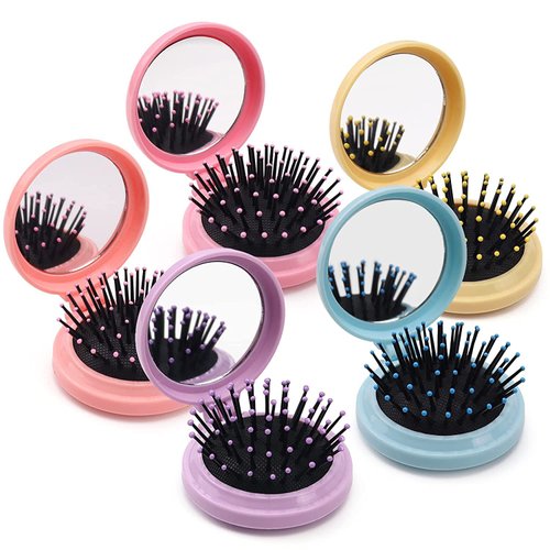 10 Pack Folding Travel Mirror Hair Brushes Round Folding Pocket Hair Brush Mini Hair Comb Compact Travel Size Hair Massage Combor Women and Girls (5Colors)