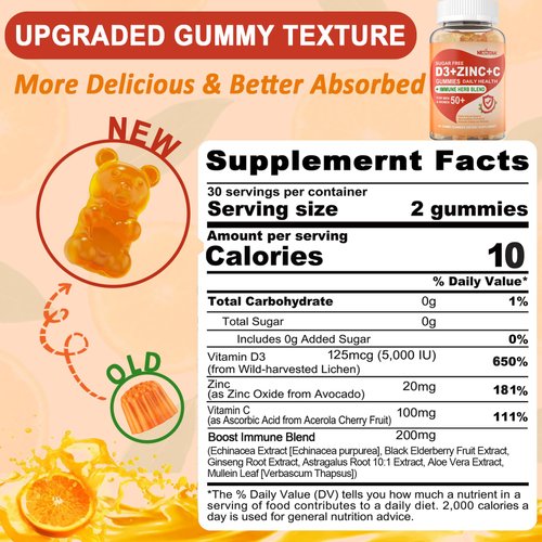 Sugar Free 9 in 1 Immune Defense Support Gummies with Vitamin D3 5000IU, Vitamin C & Zinc, Elderberry, Echinacea, Astragalus, Mullein Leaf for Boost Immune System, Power Antioxidant & Energy, 2Packs