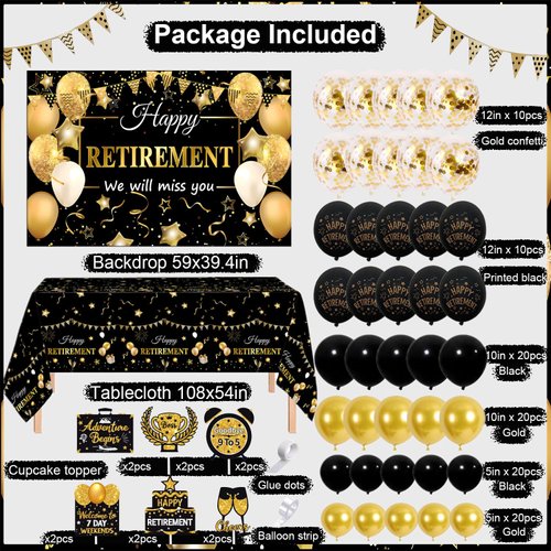 Yancan Happy Retirement Party Decorations Kit for Men Women, Black Gold Farewell Party Supplies Include Backdrop Tablecloth Cupcake Toppers Balloons Garland Arch Kit