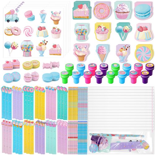PerKoop 168 Pcs Ice Cream Party Favors Include Mini Notebook Sticker Pencil Stationery Gift Set Sweet One Party Favor Supply for Candyland Donuts Birthday Decoration Classroom Reward Stuffer Filler
