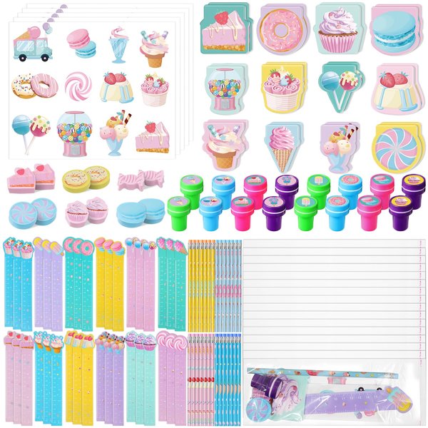 PerKoop 168 Pcs Ice Cream Party Favors Include Mini Notebook Sticker Pencil Stationery Gift Set Sweet One Party Favor Supply for Candyland Donuts Birthday Decoration Classroom Reward Stuffer Filler