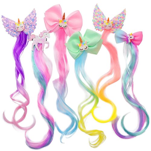 6 Set Unicorn Hair Extensions Clip - Colored Curly Hair Extensions Clips, Cute Unicorn Accessories Hair Extensions for Kids Ponytails Girls, Rainbow Thick Wig Clip in Fake Bangs (Curly Hair)