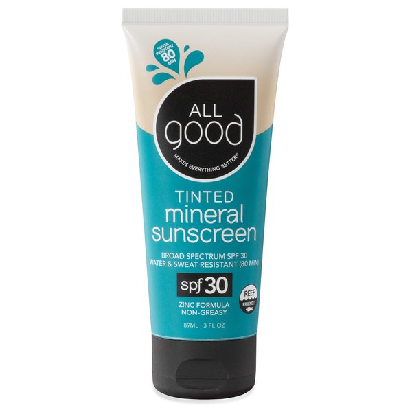 All Good Tinted Mineral Sport Sunscreen Lotion for Face & Body - UVA/UVB Broad Spectrum, SPF 30, Coral Reef Friendly, Water Resistant, Coconut Oil, Jojoba Oil, Shea Butter, Aloe (3 oz)