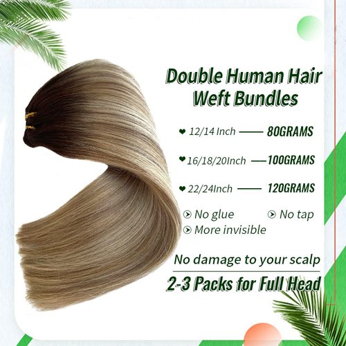 Weft Hair Extensions Human Hair, 16 inch 100g Sew in Hair Extension Real Human Hair, Balayage Ash Brown to Blonde Highlights Remy Human Hair Extensions, Hand Tied Weft Hair Extensions