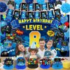 Video Game 8th Birthday Party Decorations Blue Black Happy Birthday Level 8 Banner Backdrop Honeycomb Centerpieces Hanging Swirls Tissue Paper Pompoms Kit for Boy 8 Years Old Game Controller Supplies