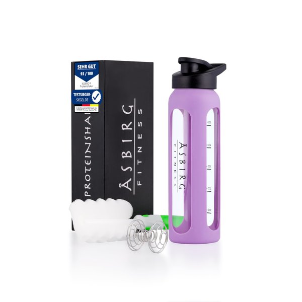 Asbirg Fitness | Protein Shaker Made of Glass | Protein Shaker | Drinking Bottle | with Spiral Ball | Black (pastel purple)