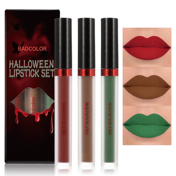 BADCOLOR 3 Colors Matte Liquid Lipstick Set, Green Brown Burgandy Dark Red Halloween Lip Makeup, Highly Pigmented Long Lasting Lip Stain, Smudge Proof Waterproof Velvet Nonstick Cup Lip Gloss Set
