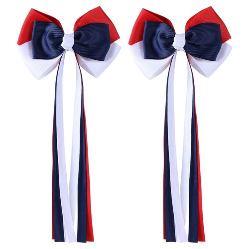 Patriotic Hair Bows with Long Ribbon Tails for Teen Toddler Girls Red White Blue Alligator Clips Cheer Barrettes Grips Women July Fourth outfit Accessories Kids Back School Gift