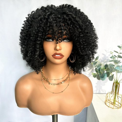 SOKU Afro Kinky Curly Wigs for Black Women Short Natural Black Curly Afro Wig with Bangs 10 Inch Synthetic Glueless Full Wig Heat Friendly Afro Bomb Curly Womens Wig