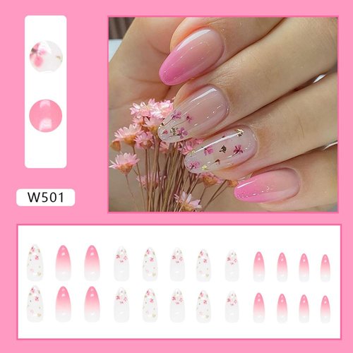 24Pcs Almond Press on Nails Medium Cute Flowers Fake Nails Spring Pink Gradient False Nails Glossy Full Cover Acrylic Nails Reusable Natural Stick on Nails with Glue for Women DIY Manicure Decoration