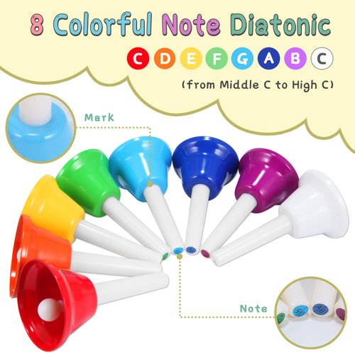 Hand Bells, 8 Note Musical Handbells Set with 10 Songbook Musical Toy Percussion Instrument for Toddlers Children Kids for Children's Day Family Activity School and Church (Classic Edition)