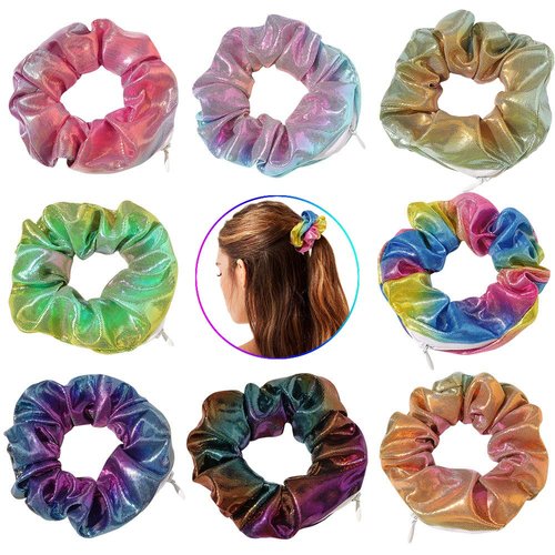 Women Shiny Metallic Scrunchies with zipper pouch tie dye scrunchies for girls secret zipper pocket scrunchies Tie Hidden Pocket scrunchies Hair Bands Soft Stash Hair Elastic Ties for Vsco Girl Stuff
