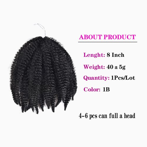 1Pack Marley Hair Braiding Hair for Twists 8Inch Short Afro Kinky Twist Crochet Braids Synthetic Fiber Hair Extensions for Women(1B#)