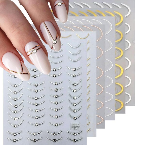 6 Sheets French Tip Nail Stickers 3D Self-Adhesive Gold Sliver Lines Nail Art Stickers Curved Stripe Designs with Crystal Rhinestones Nail Decals for Women Acrylic Simple French Manicure Decoration