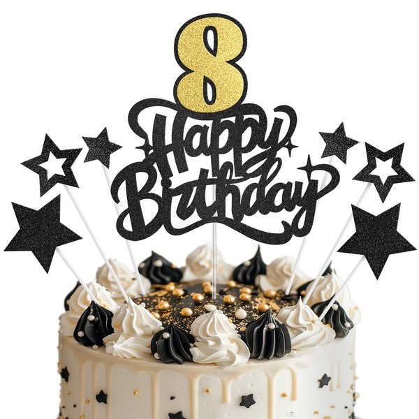 Happy 8th Birthday Cake Topper, 8th Birthday Party Decorations, 8 Cake Topper, Cake Supplies for Boy and Girl, Black and Gold