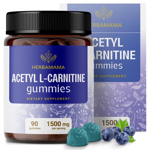 HERBAMAMA Acetyl L-Carnitine Energy Gummies - 1500 mg ALCAR Energy Support Supplements for Women and Men - Vegan, Gelatin-Free, Non-GMO - 60 Blueberry-Flavored Chews