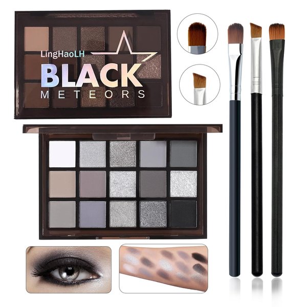 LingHaoLH Black Grey Smoky Eyeshadow Palette,15 Colors Matte Shimmer Pigmented Eye Shadow Makeup Palette Set with 3 Eyeshadow Brushes,Glitter Eyeshadow Makeup Palette for Daily Halloween Goth Makeup