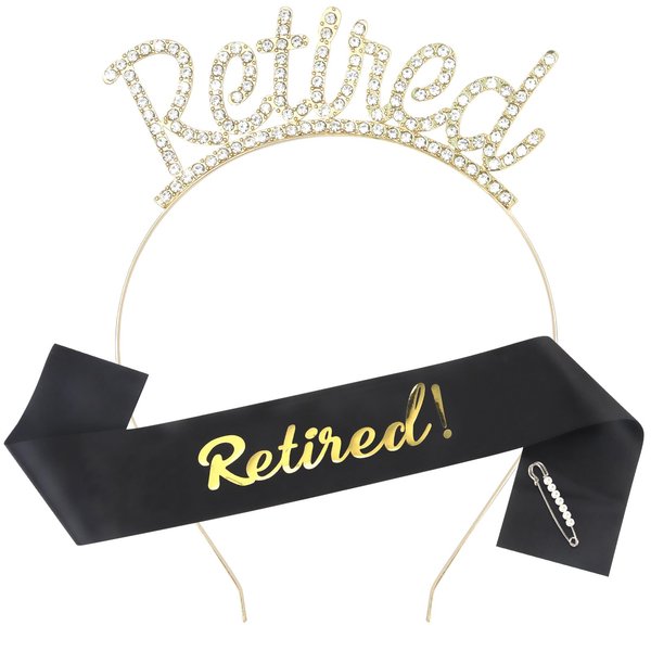 YARIEW YRIEW Retirement Gifts for Women, Retired Sash and Headband Set, Retirement Party Decorations, Gold Retired Tiara Crown Headband, Retirement Party Supplies Hair Accessories for Women