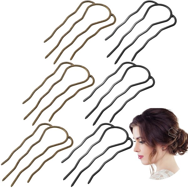 6 Pieces Hair Fork Clip Stick 87 mm Side Hair Comb 4 Prong Hair Updo Bun Hairpin Sticks Alloy Hair Clips Grips for Women Hair Styling Tool Accessories (Black, Bronze Color)