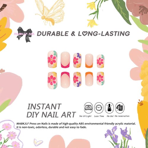 Short Press on Nails Square French Tip Fake Nails Full Cover False Nails with Colorful Flower Designs Glossy False Nails with Nail Glue Artificial Acylic Nails for Women Girls 24 Pcs