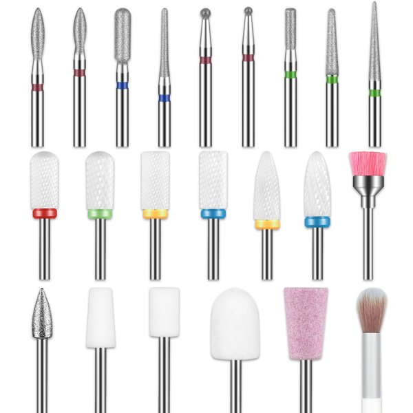 Depvko 22pcs Nail Drill Bits Set, Professional 3/32'' Ceramic Diamond Safety Drill Bits Nail Tech, Cuticle Remover Drill Bit for Acrylic Gel Efile Nail Drill, Nail Manicure Pedicure Set, Salon Home