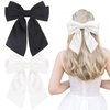 2Pcs Big Satin Hair Bows for Women Girls 8 Inch Barrette Hair Clip Long Black Silk Ribbon bride Wedding Bows French Style Hair Accessories (Black+White-A)