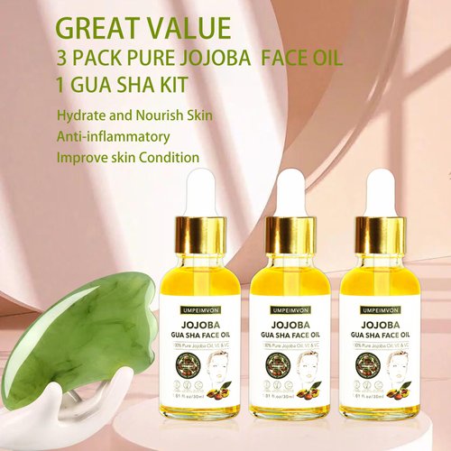 Umpeimvon 3 Pack Gua Sha Facial Oil, Scented Face Oil Gua Sha Facial Massage Oil with Guasha Tool Set, 99% Organic Jojoba Oil Cold Pressed Vitamin E and C for Face, Hair, Nails, Makeup Remover