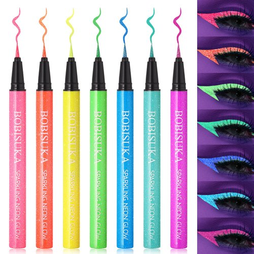 BOBISUKA 7 Colors Glow in the Dark Makeup, Neon UV Glitter Eye Liner, Blacklight Shimmer Liquid Eyeliner Set for Festival, Waterproof Face Painting for Women, Rave Accessories for Party