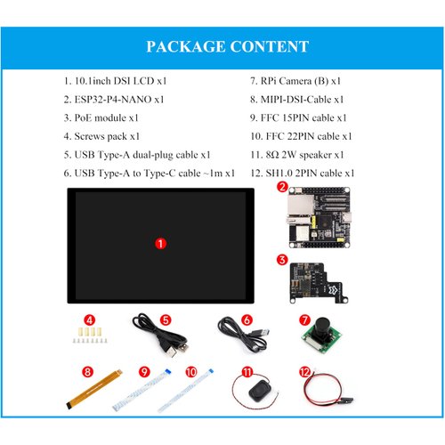 ESP32-P4-NANO Dev Board, ESP32-P4 Chip: RISC-V Dual-Core and Single-Core Processors, Human-Machine Rich Interfaces, Comes with Speaker+PoE Module+Camera+10.1inch DSI Capacitive Touch Display