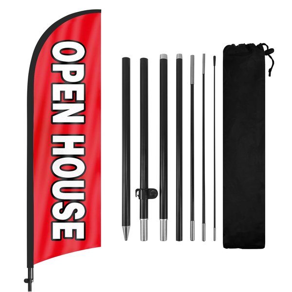 Open House Flags for Real Estate Agents, Open House Flag with Pole Kit and Ground stake 8Ft, Open House Signs for Real Estate, Open House Flag Sign Banner for Outside (Black/red)