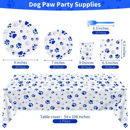 durony 121 Pieces Blue Paw Print Party Supplies Dog Birthday Tablecloth, Plates, Napkins, Forks and Paper Cups Decorations for Puppy Theme Party Supplies