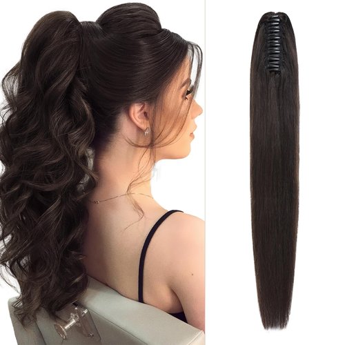 Fellissy Claw Clip Ponytail Extension human hair ponytail extension for Women Long straight ponytail extension hair extensions real human hair ponytail 20inch #01B Natural black