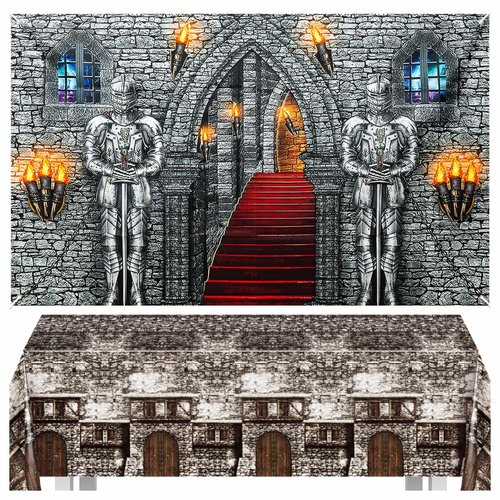 GCTWFYK 2 Pcs Medieval Party Decorations, Medieval Scene Setter Set, Castle Backdrop with Halloween Brick Stone Wall Tablecloth, Knight Themed Castle Decorations for Party Table Wall Decor