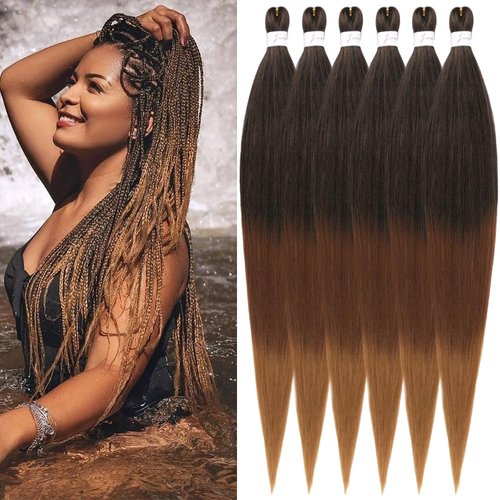 Pre stretched Braiding Hair 32 Inch Braiding Hair Extensions Hot Water Setting Synthetic Hair Pre Stretched Crochet Braids Hair Yaki Texture(32Inch,6 Packs,1B/30/27#）