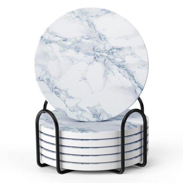 LIFVER Coasters for Drinks, White Marble-Style Absorbent Coasters with Holder, Housewarming Gifts for Home Decor, Suitable for Kinds of Cups, 4 Inches, Set of 6