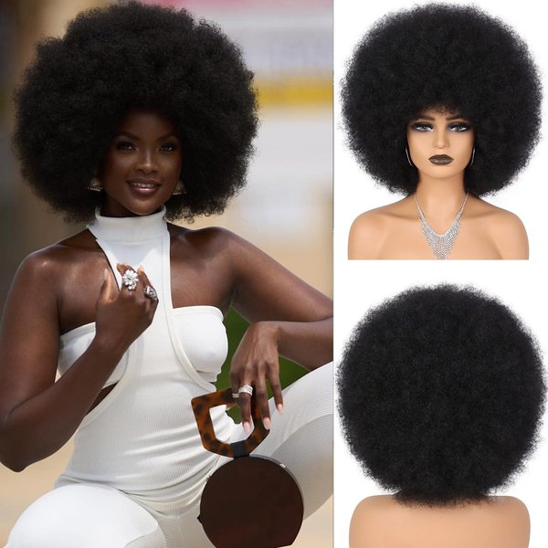 Wallden Hair 70s Afro Wigs for Black Women Glueless Wear and Go Wig Curly Afro Puff Heat Resistant Synthetic Wigs for Daily and Party Halloween Costume Use (1B)