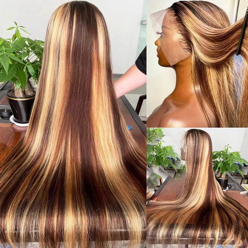 200% Density 13X6 Highlight Ombre Lace Front Wig Human Hair For Women Honey Blonde Straight Lace Front Wigs Human Hair With Baby Hair Glueless Lace Front Wigs Human Hair Pre Plucked Full And Thick
