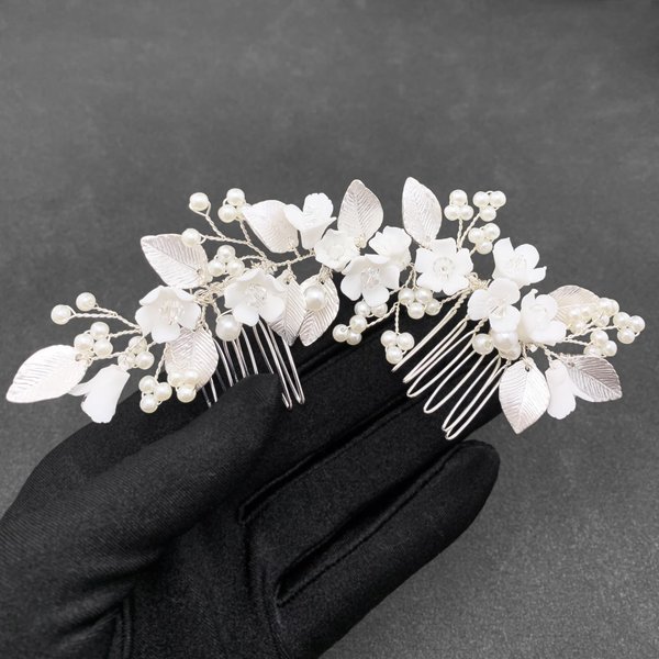 PRETTYLIFE White Flower Hair Piece for Wedding Bridal Pearl Silver Leaf Floral Hair Vine Comb Accessories for Women Girls