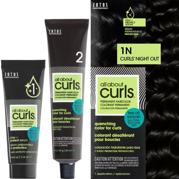 All About Curls 1N Curls Night Out Permanent Hair Color (Prep + Protect Serum & Hair Dye for Curly Hair) - 100% Grey Coverage, Nourished & Radiant Curls
