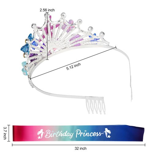 YARIEW Mermaid Birthday Crown and Birthday Princess Sash Mermaid Party Decorations for Girls Birthday Sash for Women Birthday Crown Tiara for Women Mermaid Birthday Party Decorations Gifts