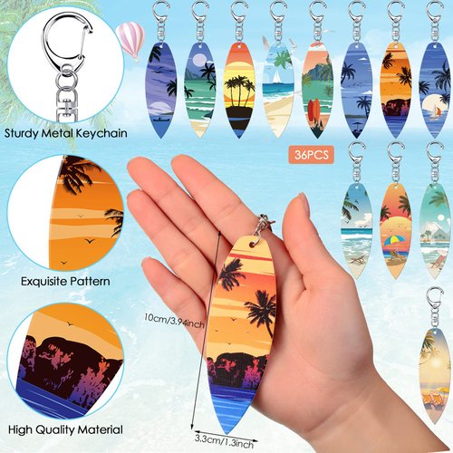 Bucherry 36 Pcs Beach Favors Keychain Gifts Set Wooden Bulk Surfboard Slippers Sea Turtle Coconut Tree Bible Keychains for Beach Hawaiian Florida Bahamas Souvenirs Luau Party Favors(Surfboard Style)