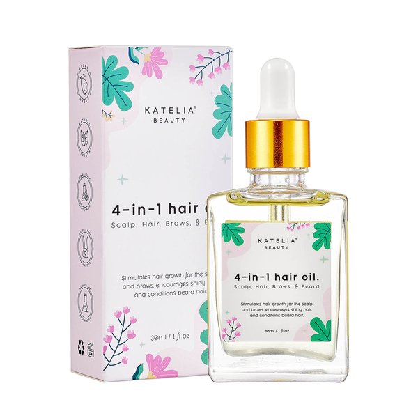 Katelia Beauty 4-in-1 Hair Oil (Scalp, Hair, Brow, & Beard) a Multi-Purpose, All-in-One Hair Growth Treatment for Longer, Stronger, & Healthier Hair, Anti-Hair Loss, Promotes Hair Growth, 30 ml