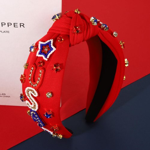 mokkia 4th of July Headband for Women American Flag Star Knotted Headbands Red White and Blue Rhinestone Crystal Top Knot Headbands Patriotic 4th of July Accessories Party Favors (Letter USA 5)