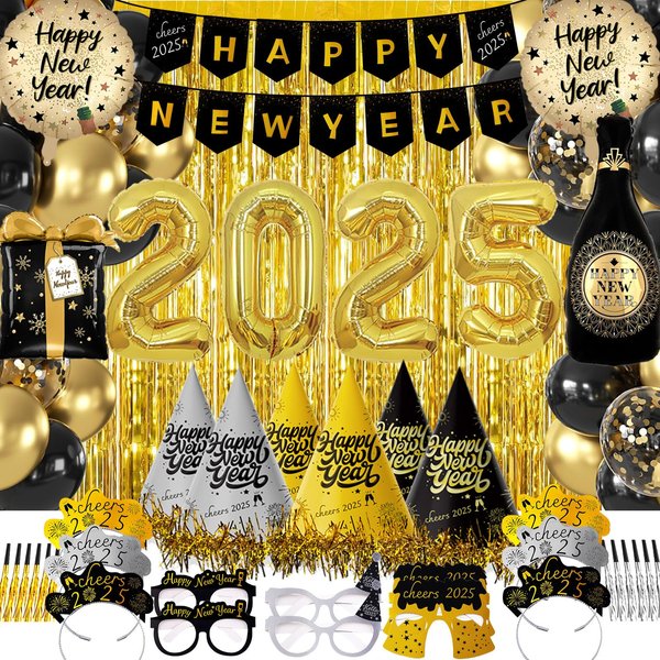New Years Eve Party Supplies 2025-Happy New Years Decorations 2025 Kit-Party Favors Includes Hats, Banner, Glasses, Tiaras, Blowout, Balloons, Fringe Curtain Party Decor for Adults Kids